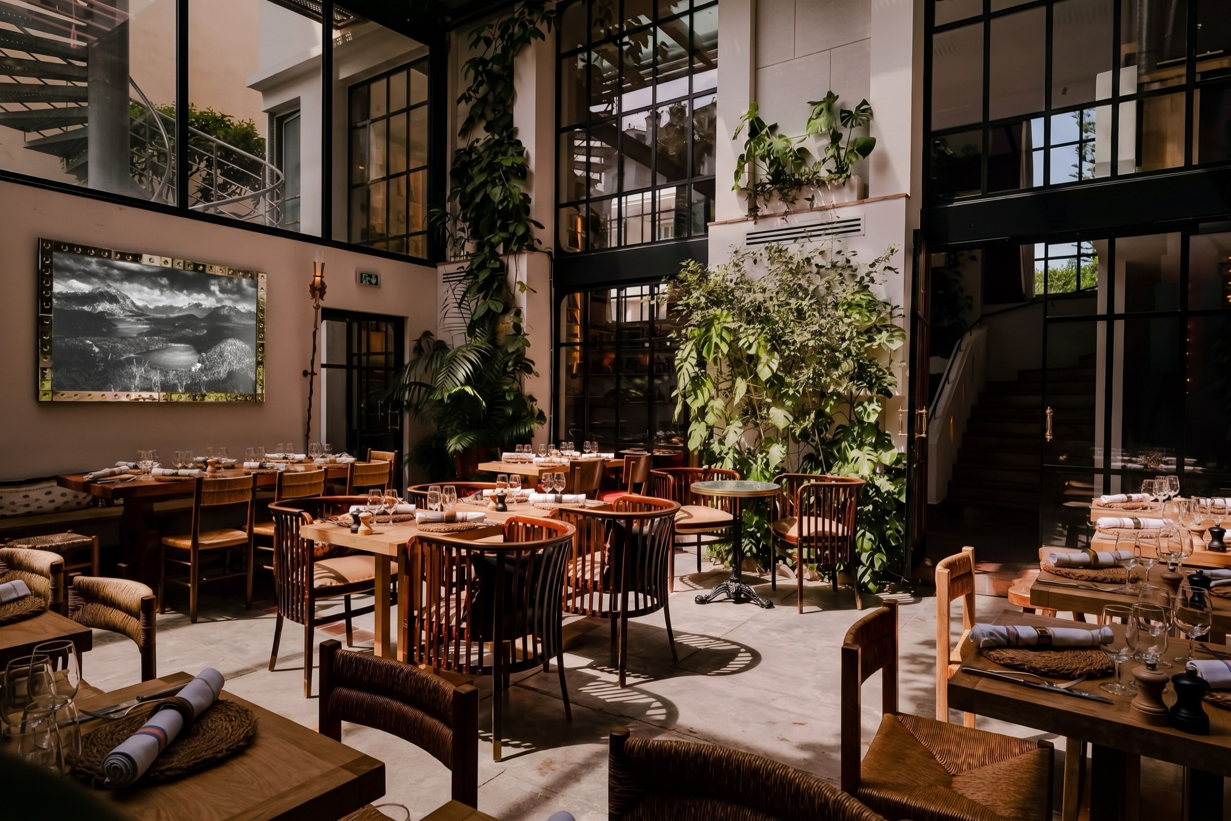 Un grand paysage encadré, posé dans la salle d'un restaurant