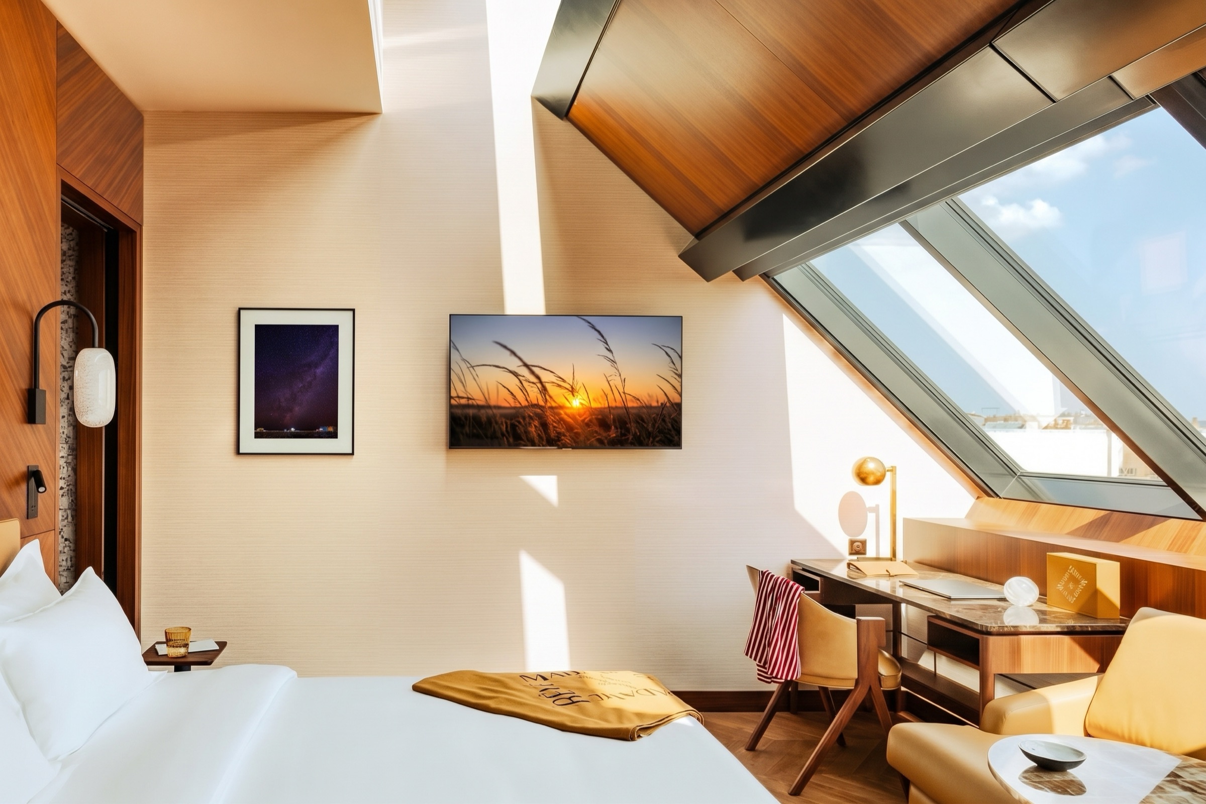Une œuvre grand format posée face au lit dans une suite d'hôtel